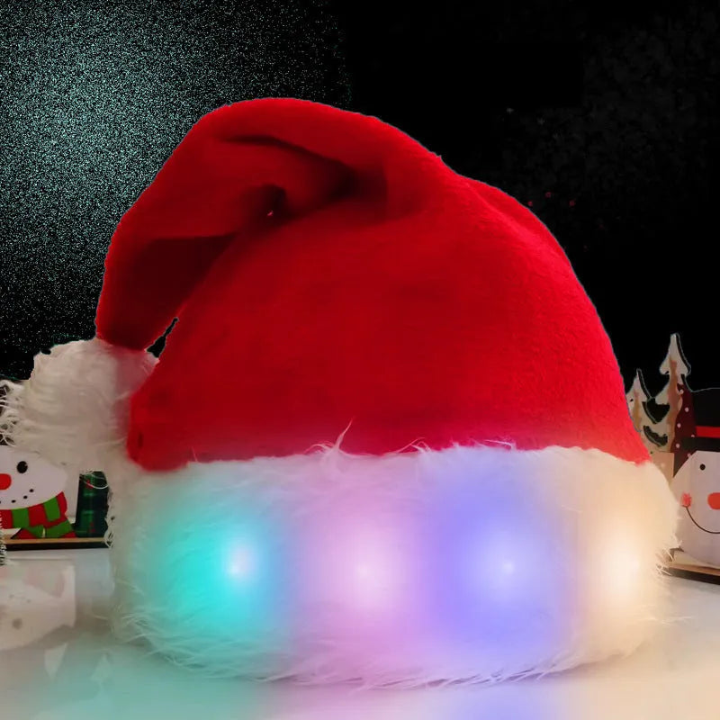 Red and white plush Santa hat with illuminated multi-coloured LED lights and a white pom-pom.
