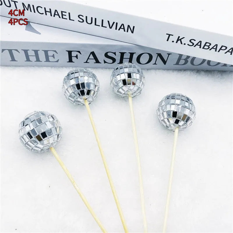 Glass disco ball cake decoration with wooden stick in various sizes from 2.5cm to 5cm