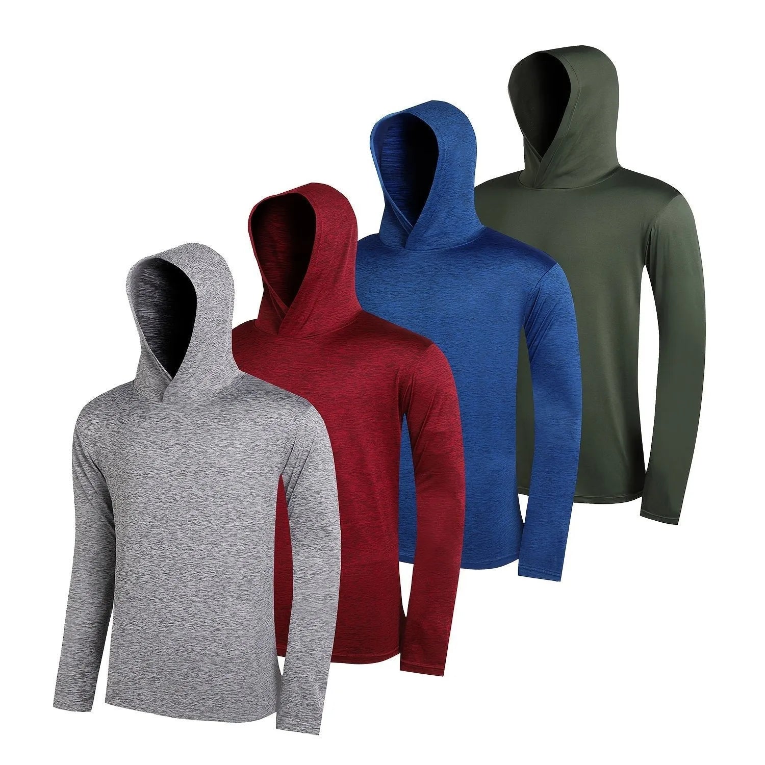 A stack of four men's lightweight polyester hoodies in various colours, showing both hooded and non-hooded styles.
