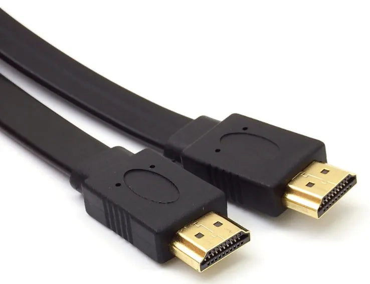 Flat black HDMI cable with male connectors shown alongside length options from 0.3m to 10m