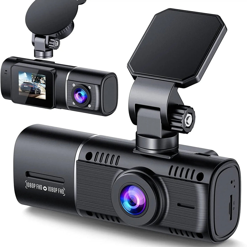Black dashcam car camera with wide-angle lens, 1.5-inch screen, and mounting stand