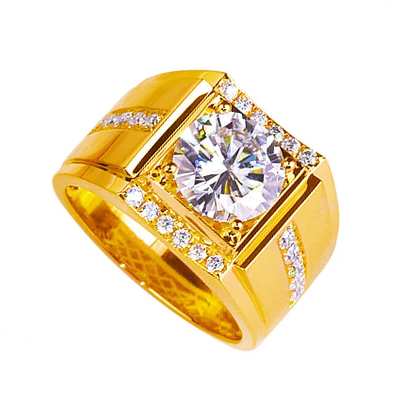 Geometric diamond zircon men's ring in rose gold on a hand, showing adjustable open mouth design.