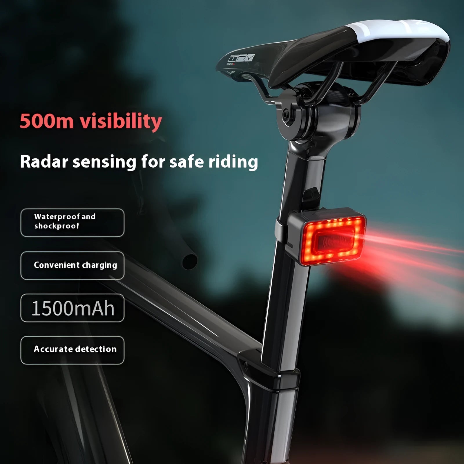 Smart millimetre wave bicycle radar taillight with double bracket mount showing dimensions and lighting modes