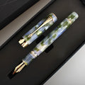 Deep bath green metal pen showing fine, medium, and broad tip size options.