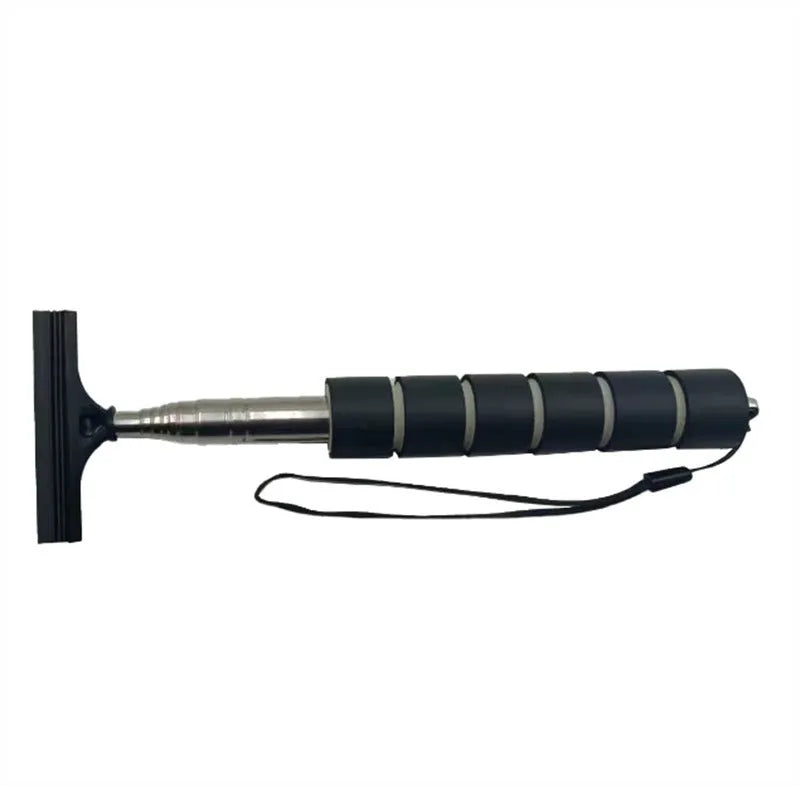 Retractable car wiper in extended position showing stainless steel construction and rubber cleaning blade