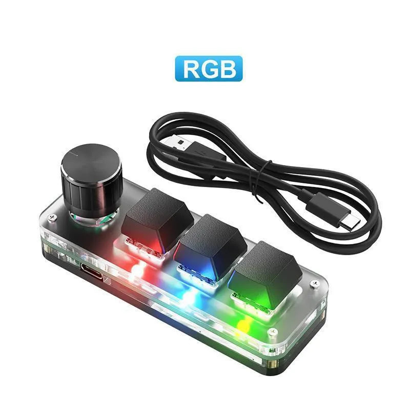 Black and white programmable macro keyboard with RGB backlighting showing copy paste shortcut keys
