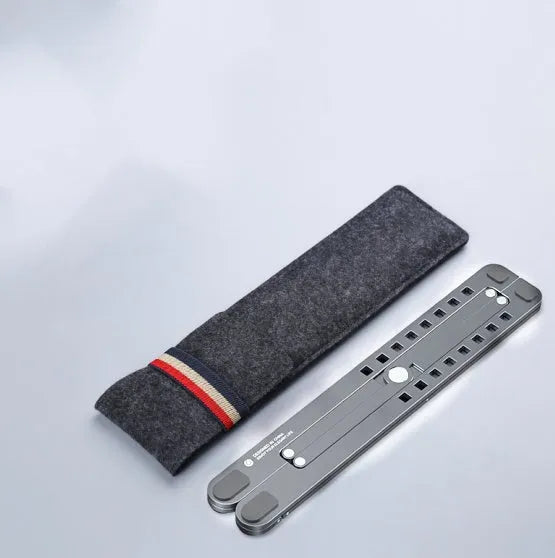 Aluminium laptop stand folded and unfolded showing adjustable height mechanism in silver finish