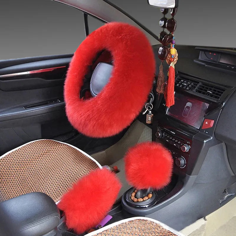 Wool and cashmere blend steering wheel cover and two matching handle covers set for 38cm diameter wheels.