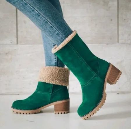 Women's suede mid-calf snow boots in multiple colours with a flat heel and round toe.