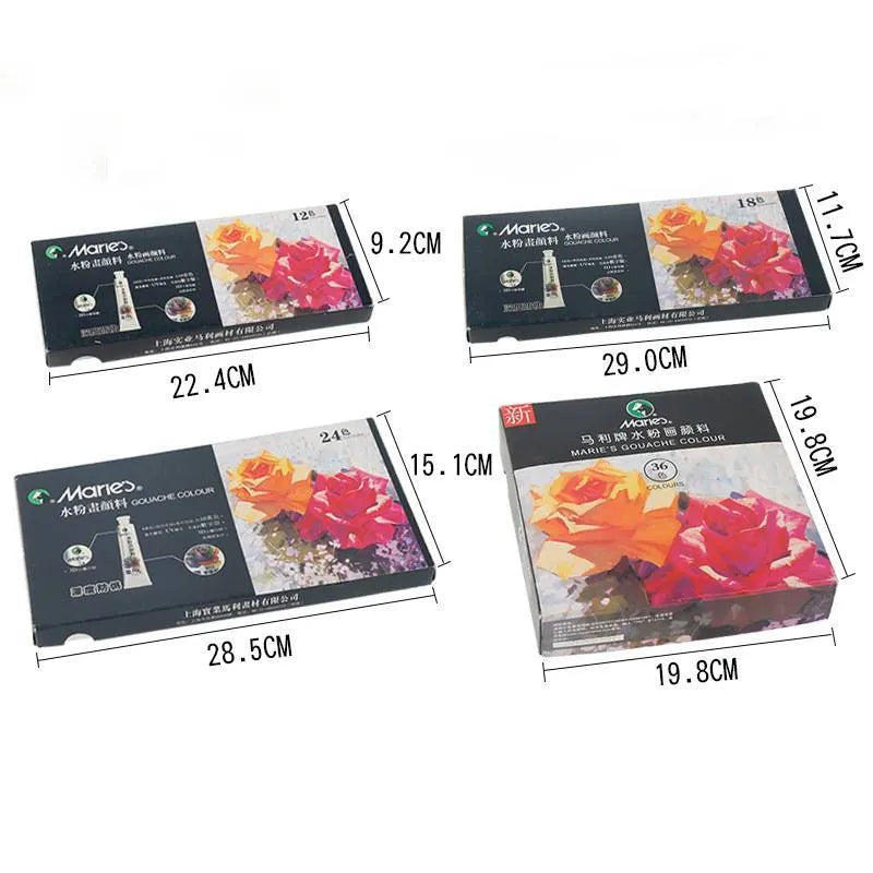 Gouache paint set with tubes in 12, 18 or 24 colour options showing 5ml and 12ml size comparison