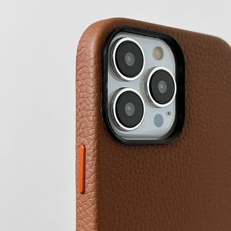 Tan cowhide leather lychee pattern phone case for iPhone with magnetic suction option