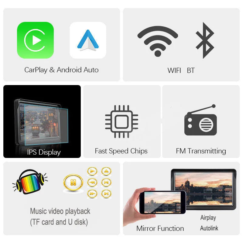 7 inch portable car smart screen with wireless CarPlay on retractable bracket mounted to vehicle windscreen