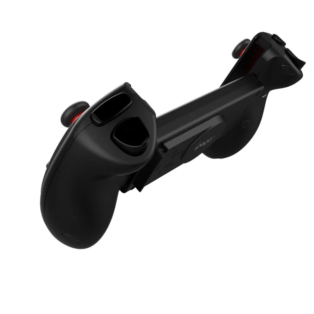 Red telescopic Bluetooth gamepad holding a smartphone, with a USB cable for PC connection.