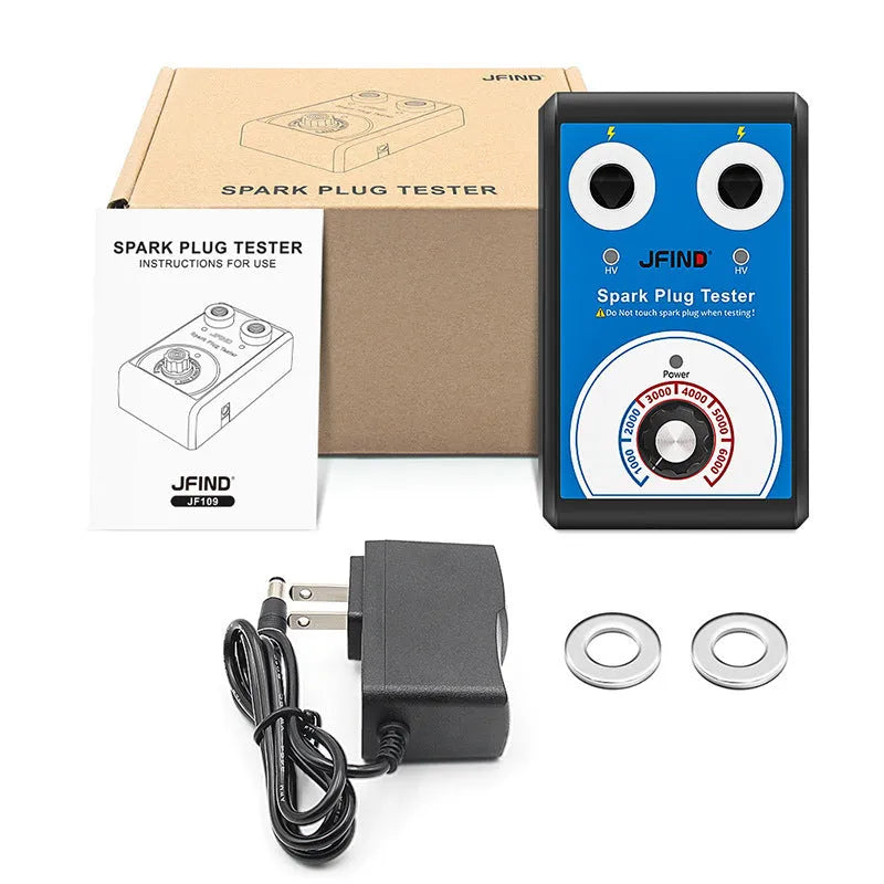 Car ignition fault detector diagnostic tool for testing spark plugs on a workbench.