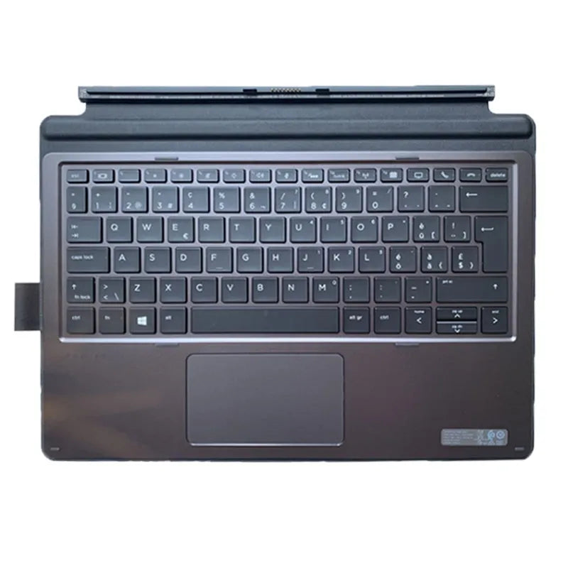 Wireless tablet keyboard on a desk next to an Elite X2 tablet, showing multimedia keys.