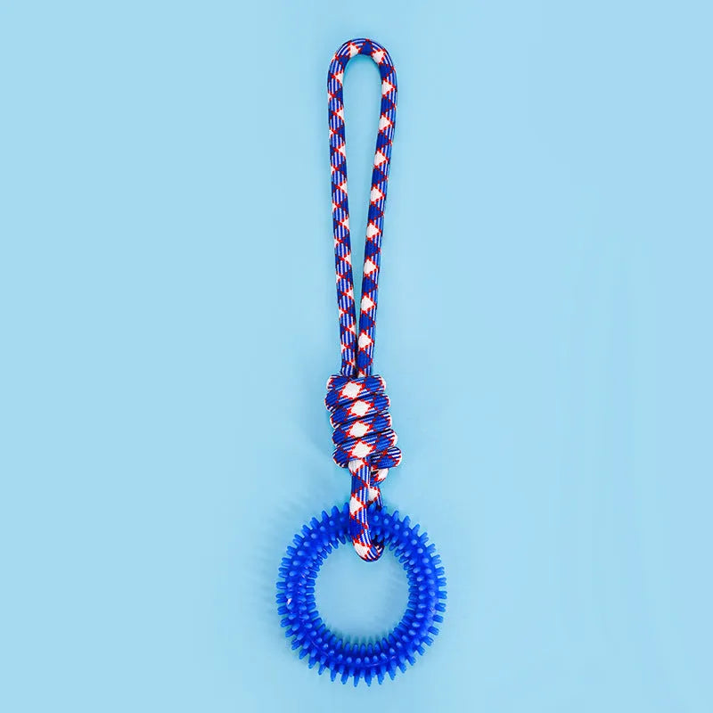 Braided cotton rope knot dog toy in bright colours for biting and tug of war play