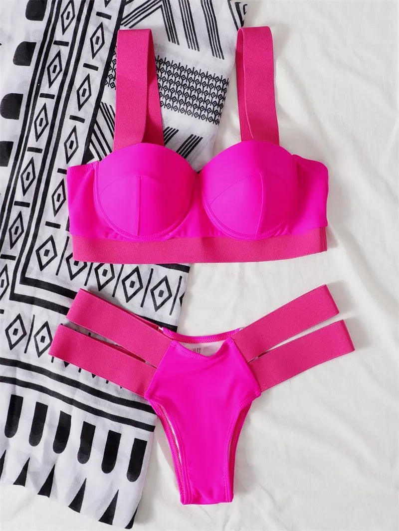 Women's contrast colour bikini swimsuit with steel bracket push-up top, shown in multiple colour options.