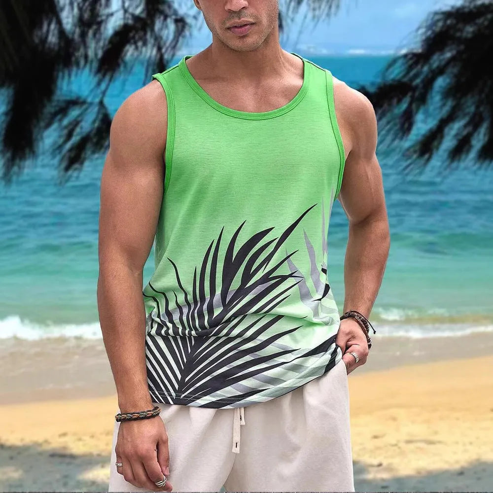 Men's Hawaiian-style 3D printed sleeveless vest tank top in polyester fabric