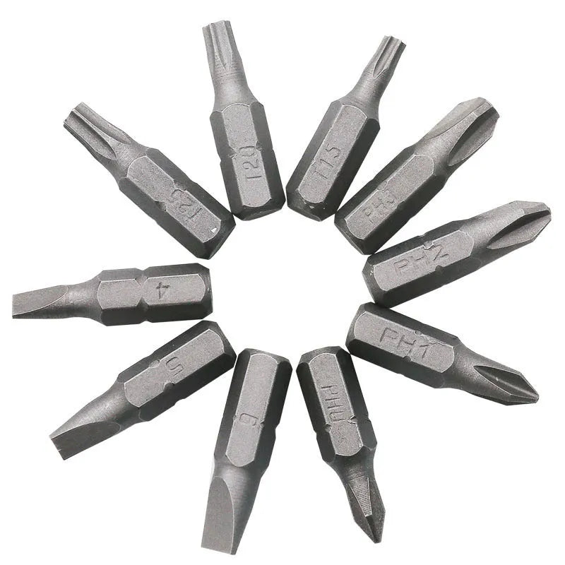 L-type double-headed socket wrench set with 10 steel screwdriver bits on grey background