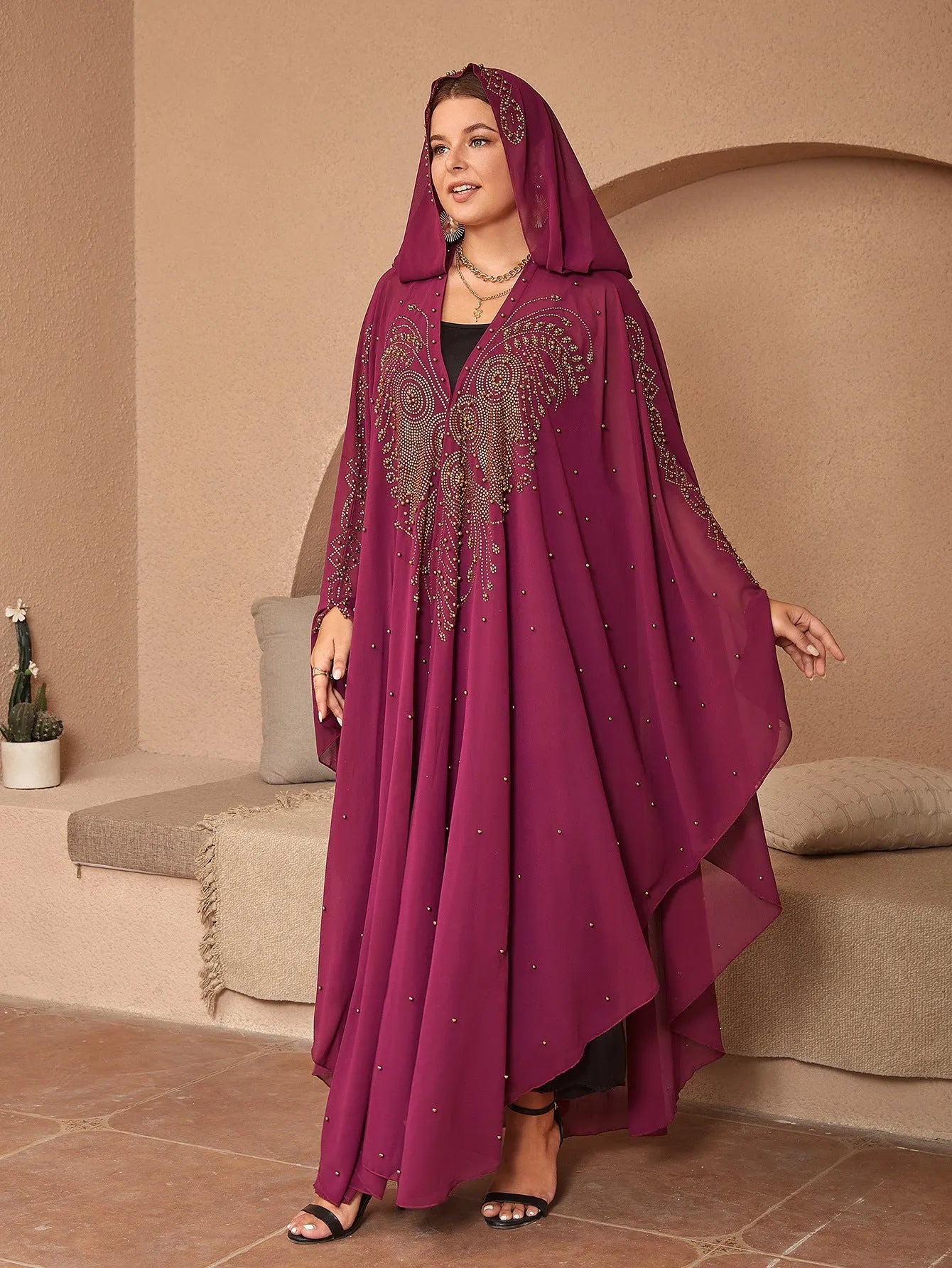 Purple chiffon shawl with rhinestone beading along edge showing draped styling