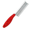 Stainless steel pet grooming comb with short and long teeth and red plastic handle