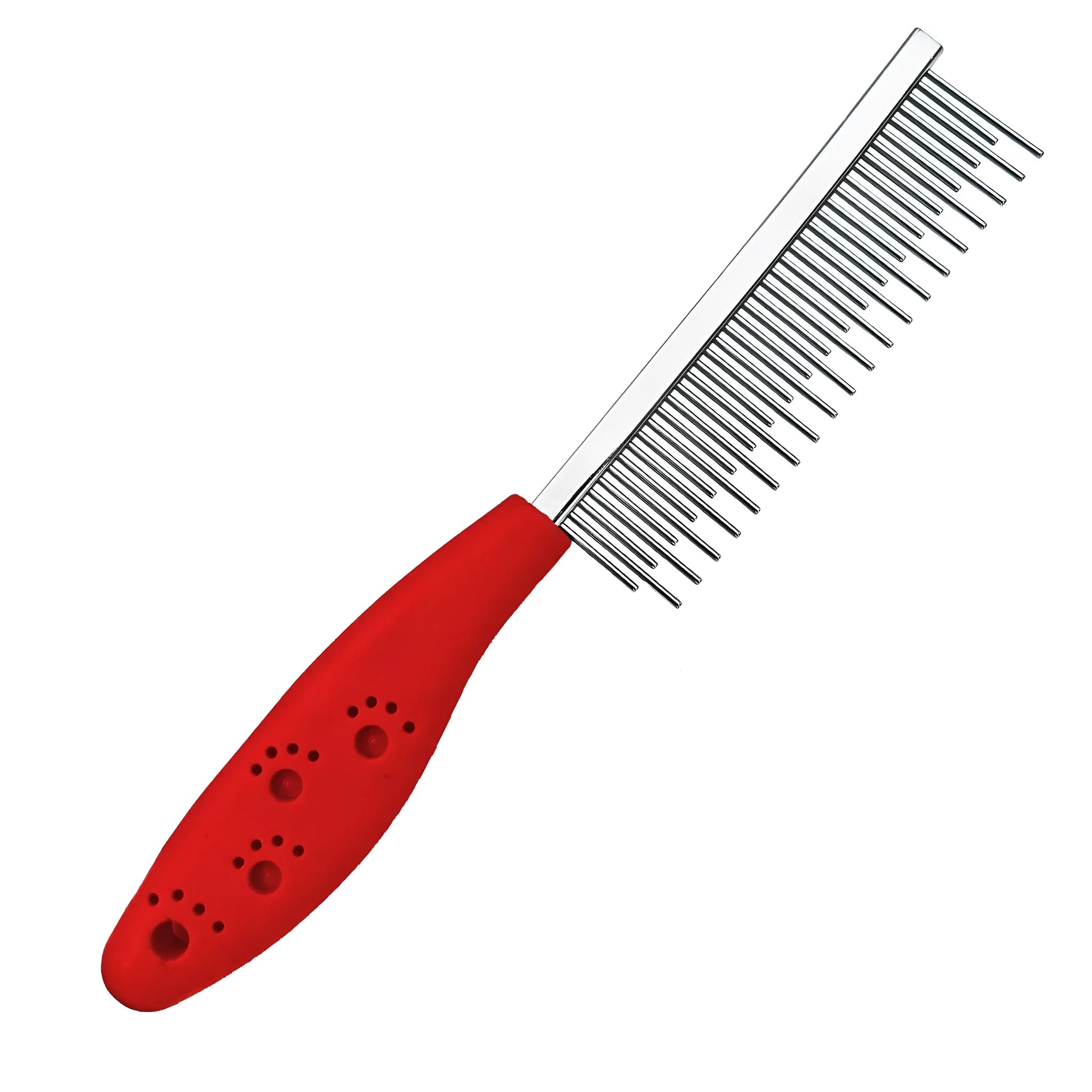 Stainless steel pet grooming comb with short and long teeth and red plastic handle