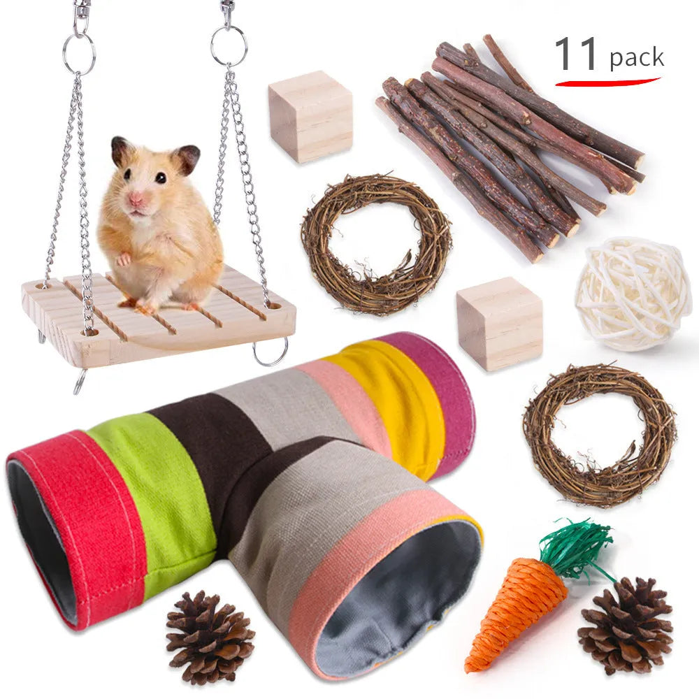 Assortment of wooden pet toys for rabbits guinea pigs and parrots in a set