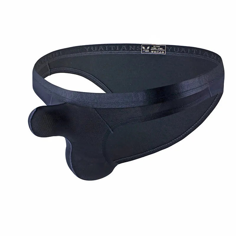 Men's thin low waist solid colour underwear in nylon fabric, shown in one of six colour options.