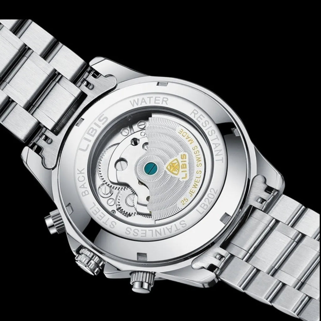 Silver automatic perpetual calendar mechanical watch with stainless steel strap and sapphire crystal glass