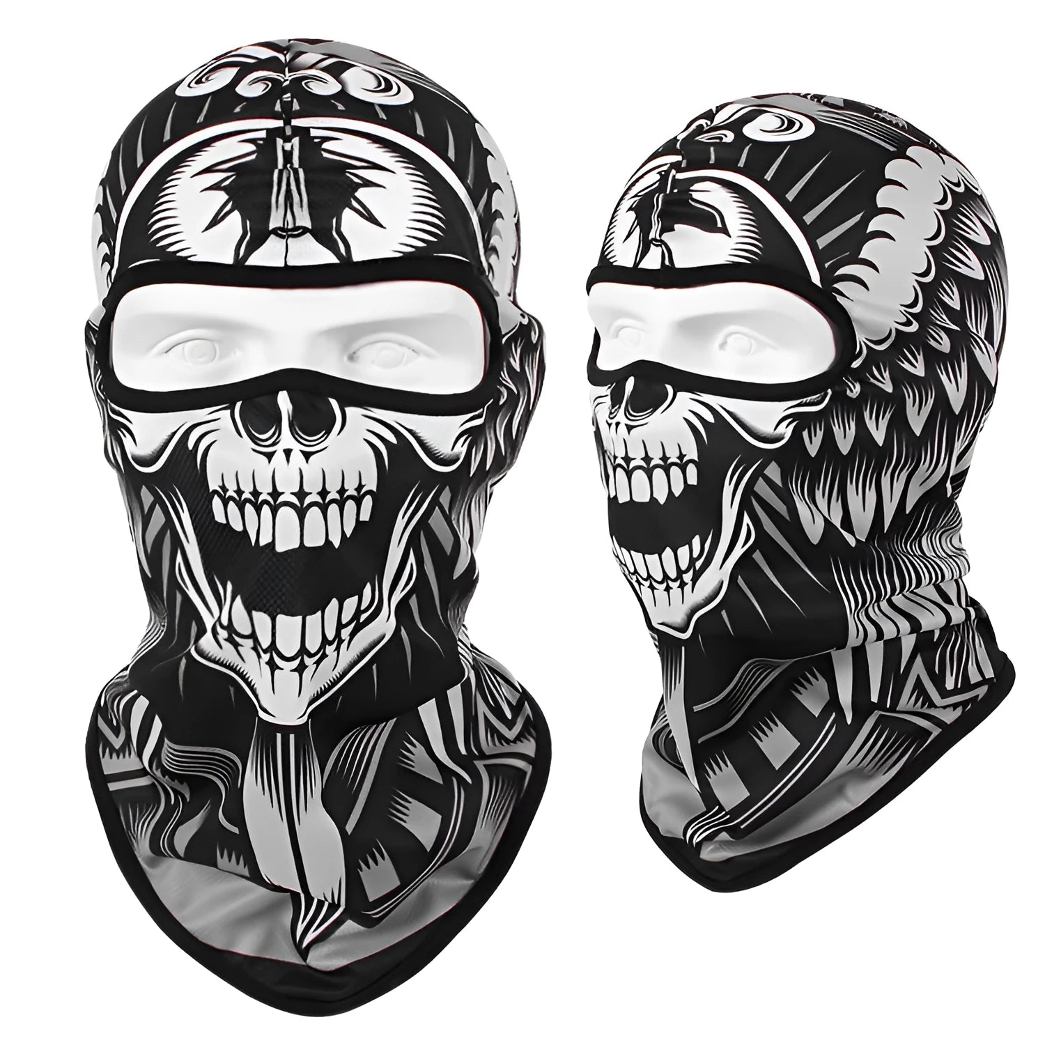 Breathable Bakool silk motorcycle skull mask in a graphic design, laid flat showing its 36cm by 29cm size.