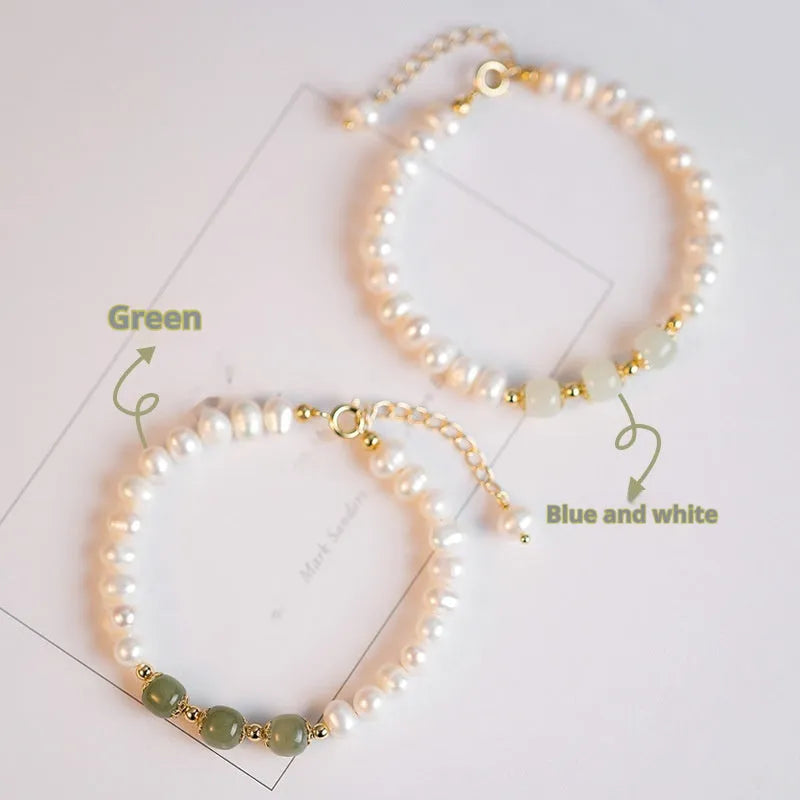 Korean style freshwater pearl bracelet with diamond-shaped electroplated pearls in Hetian jade colour.