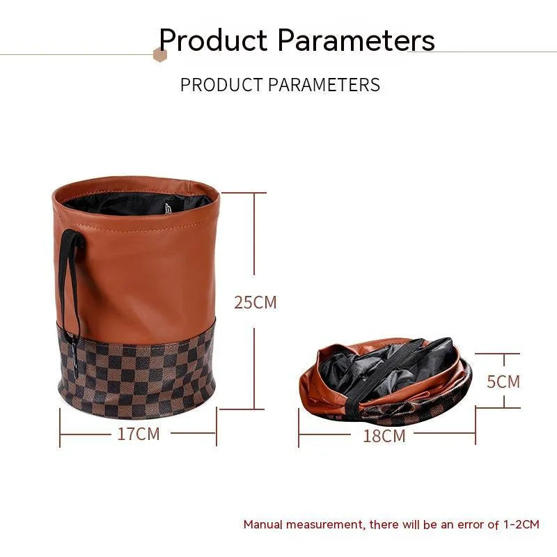 Black retractable leather car trash can with carry handle, shown folded and expanded