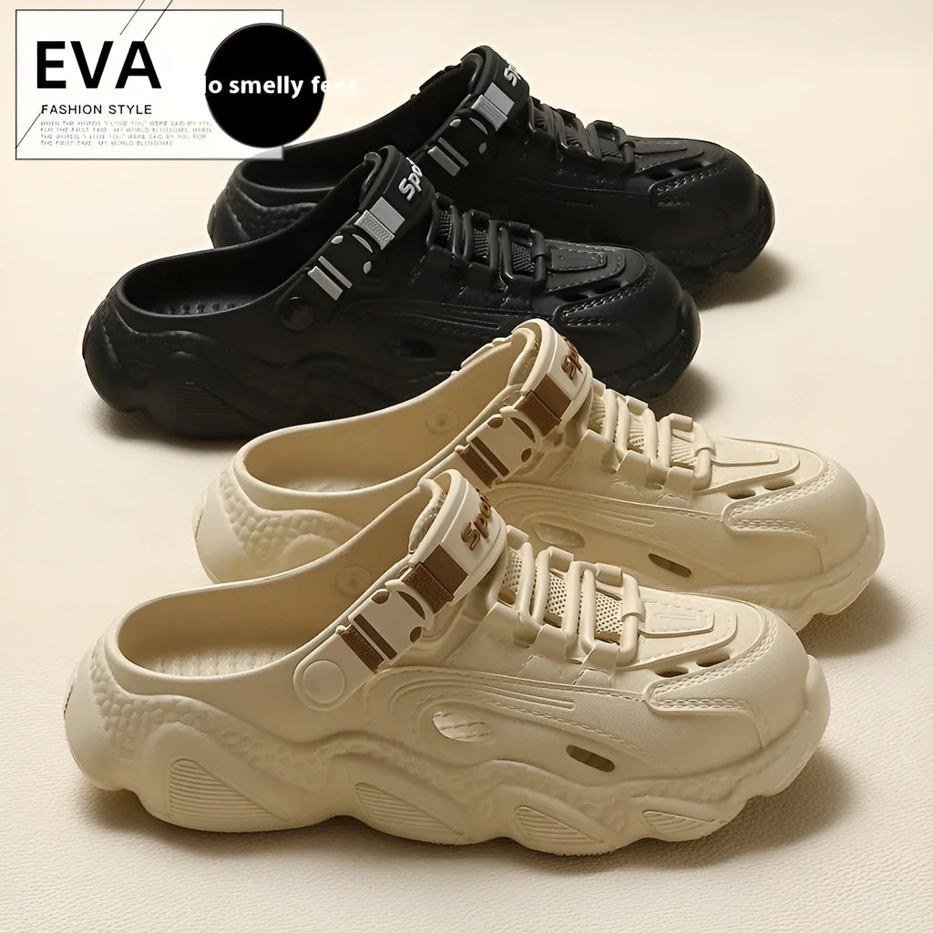 Men's khaki outdoor summer slippers with breathable hollow-out design and non-slip EVA sole