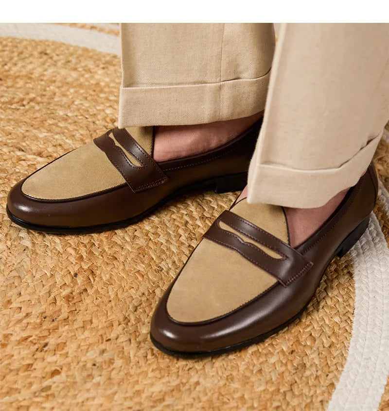 Coffee grey high-gloss suede slip-on loafers with a rubber sole, shown on a neutral background.