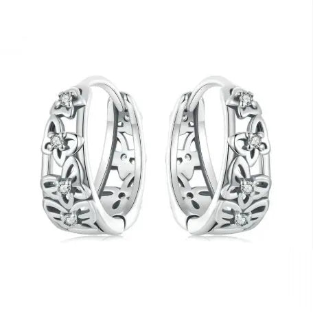 Sterling silver hollow butterfly earrings with zircon stones, 14mm height fashion jewellery