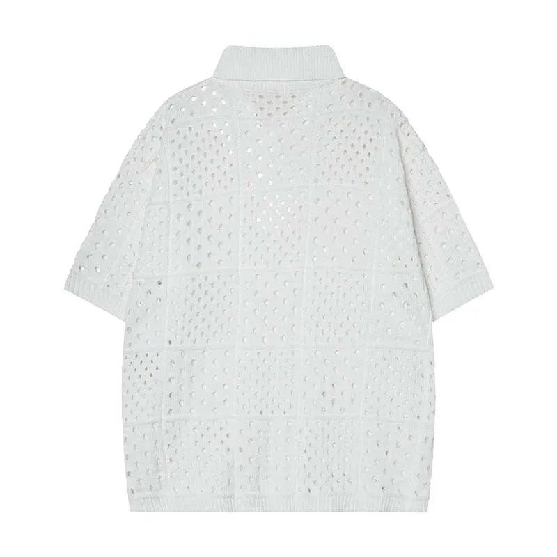 Loose fit short-sleeved knitted polo shirt with hollow design in solid black or white for teenagers
