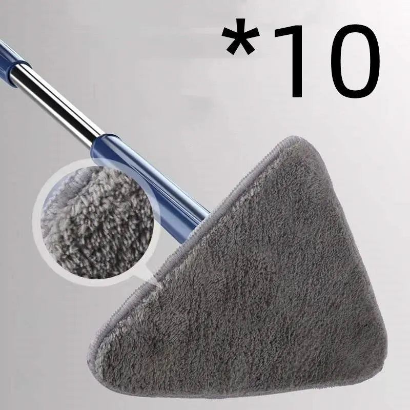 Blue triangle cleaning mop with extendable stainless steel pole and 360-degree rotating head