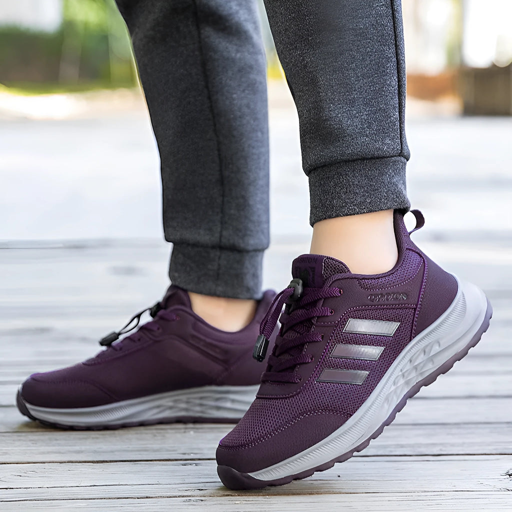 Men's and women's breathable mesh mom shoes with elastic band and non-slip sole in various colours.