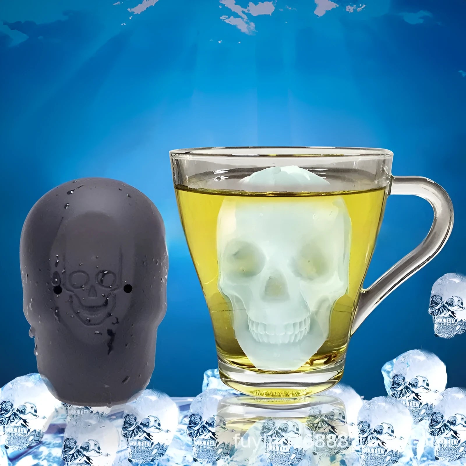 3D skull ice cube maker silicone tray creating detailed Halloween ice cubes