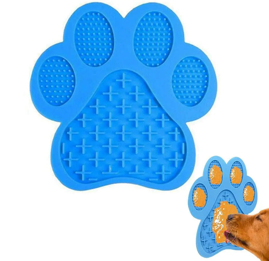 Blue silicone dog licking mat with bone texture and suction cups on a white background.