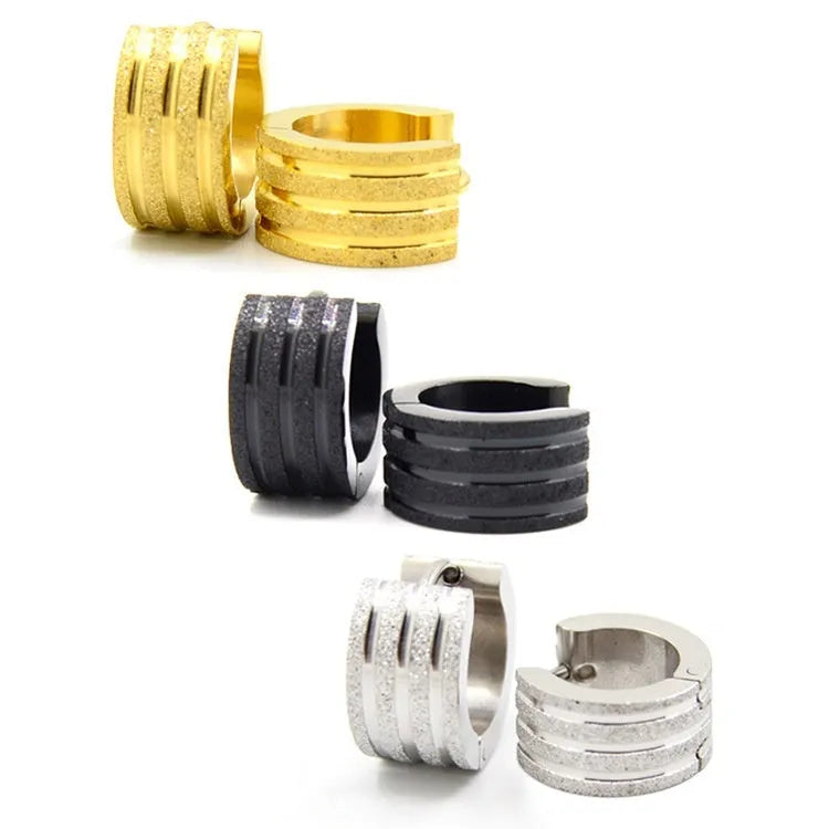 Korean style titanium steel earrings with three-line frosted geometry design in black, gold, or steel colour