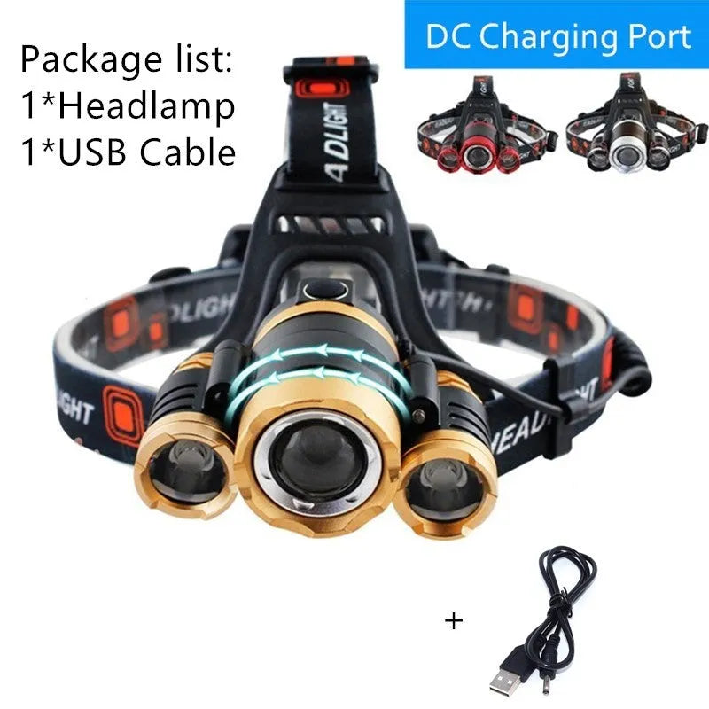 Rechargeable aluminium LED headlamp with adjustable headband and 18650 battery.
