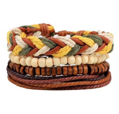 Hand-woven brown leather wrap bracelet with wooden beads on a 6cm adjustable band.