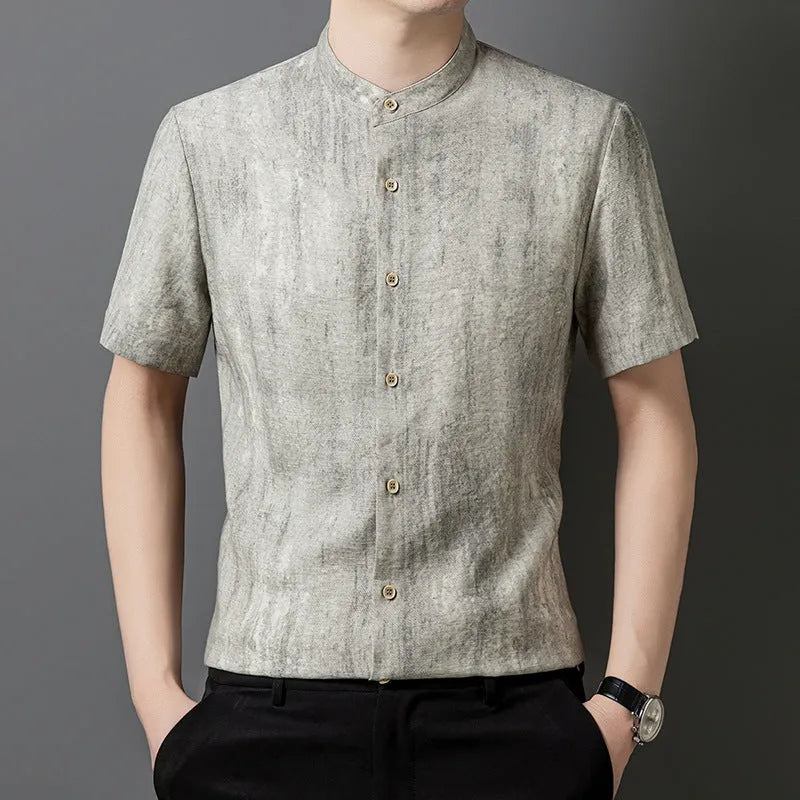 Men's loose fit linen blend shirt with stand collar in solid colour options