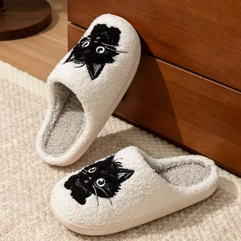 White plush cotton slippers with black beard cartoon cat couple design and non-slip TPR soles