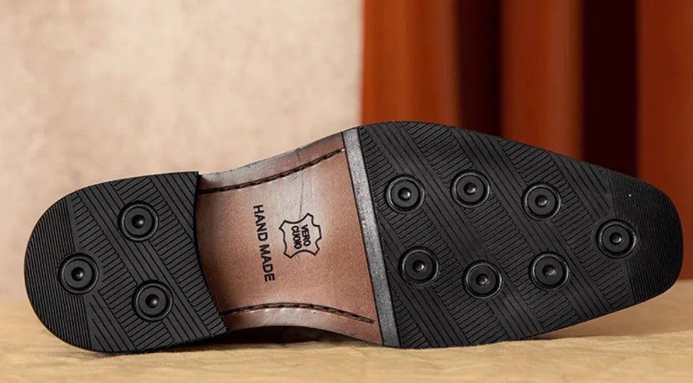 Men's black genuine leather slip-on loafers with fringed design and rubber sole