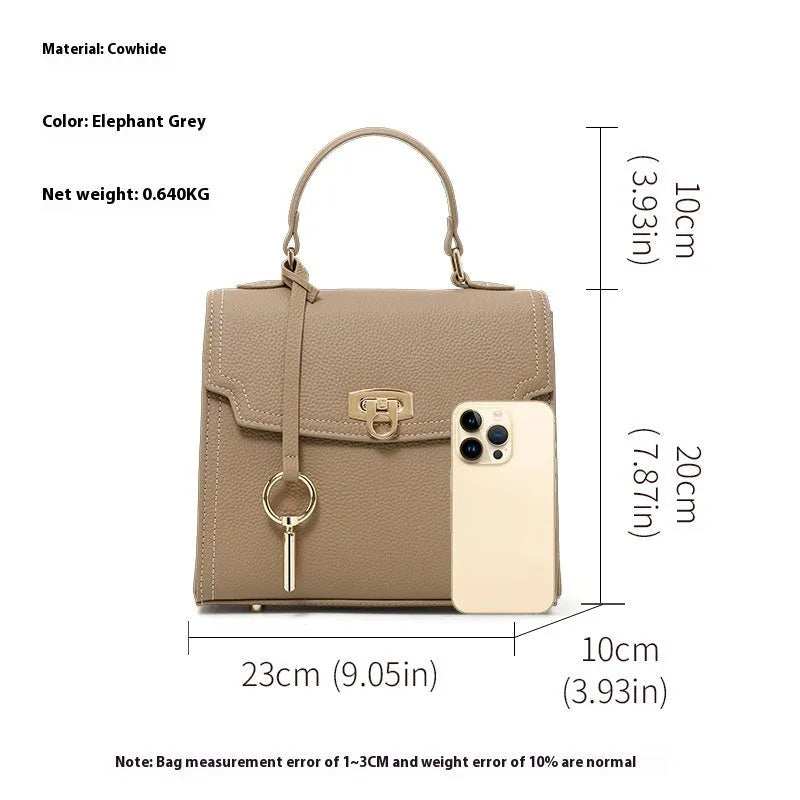 Elephant grey vintage leather handbag with litchi pattern lock and double shoulder straps