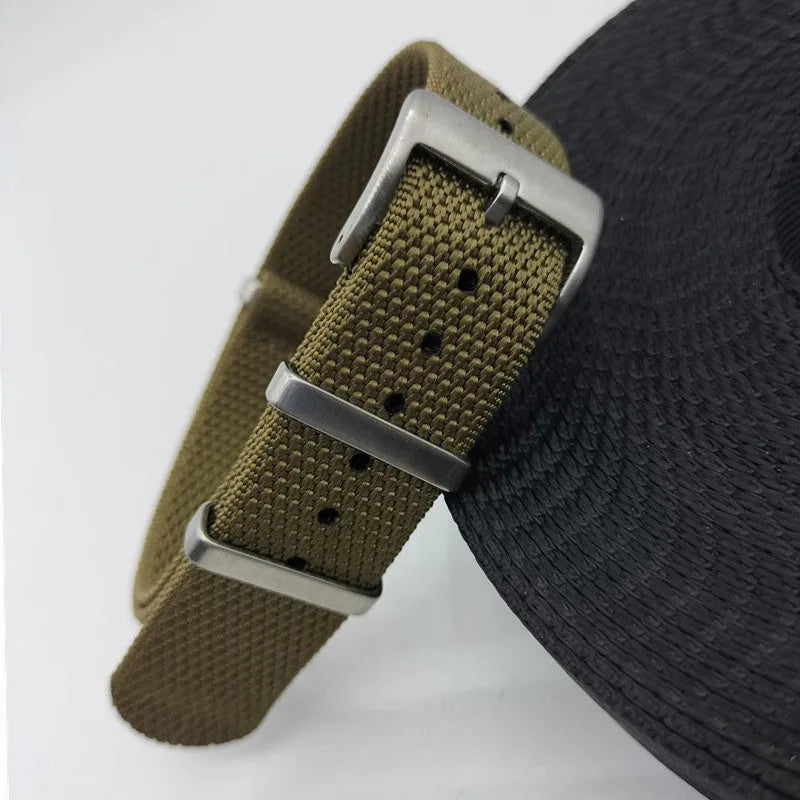 Nylon textile watch strap showing five colour options and 20mm 22mm width sizes