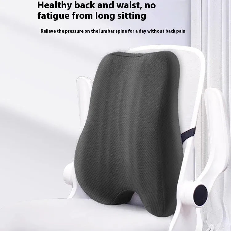 Grey lumbar support pillow for office chair measuring 40cm by 40cm.
