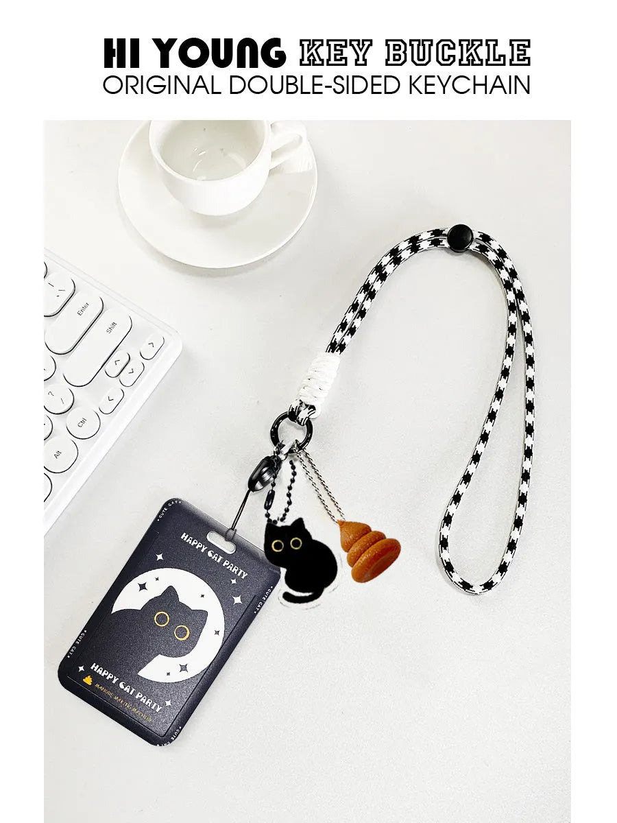 Cartoon black cat design plastic card sleeve holder with ferrule pendant for bus and student cards